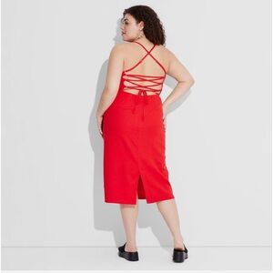 Women's Linen Lace Tie Back Summer Midi Slip Dress Red Size 00,2,4,6.8